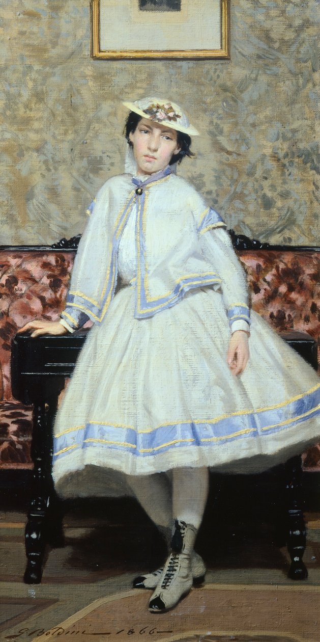 Alaide Banti i hvitt av Giovanni Boldini (1842-1931), olje på lerret, 42x23 cm av Giovanni Boldini