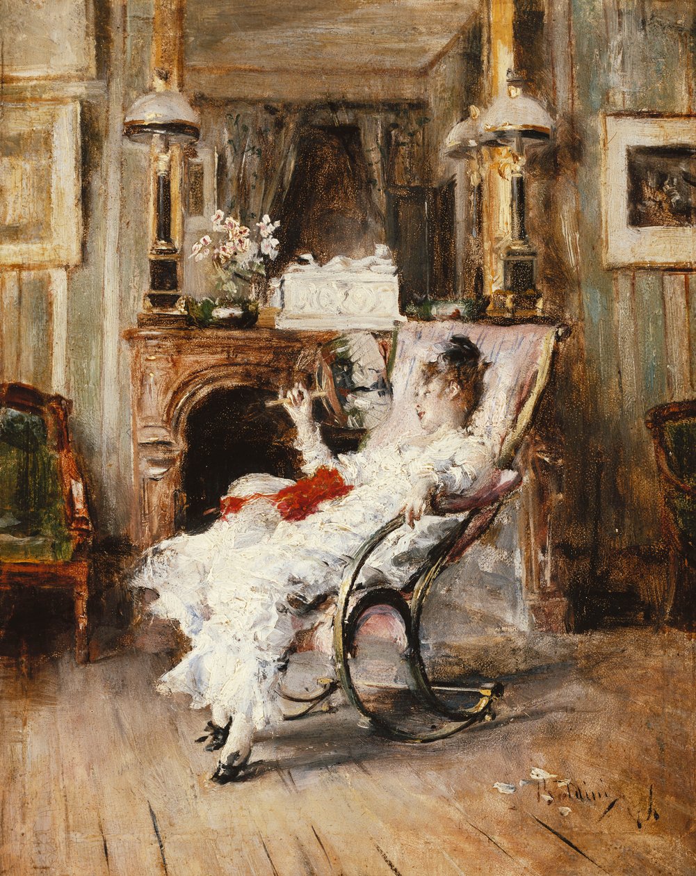 En elegant dame som holder en vifte, 1874 av Giovanni Boldini