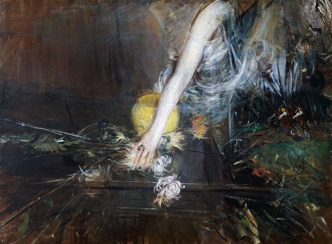 Arm med blomstervase, ca 1910, av Giovanni Boldini (1842-1931), olje på lerret. Italia, 1900-tallet. av Giovanni Boldini