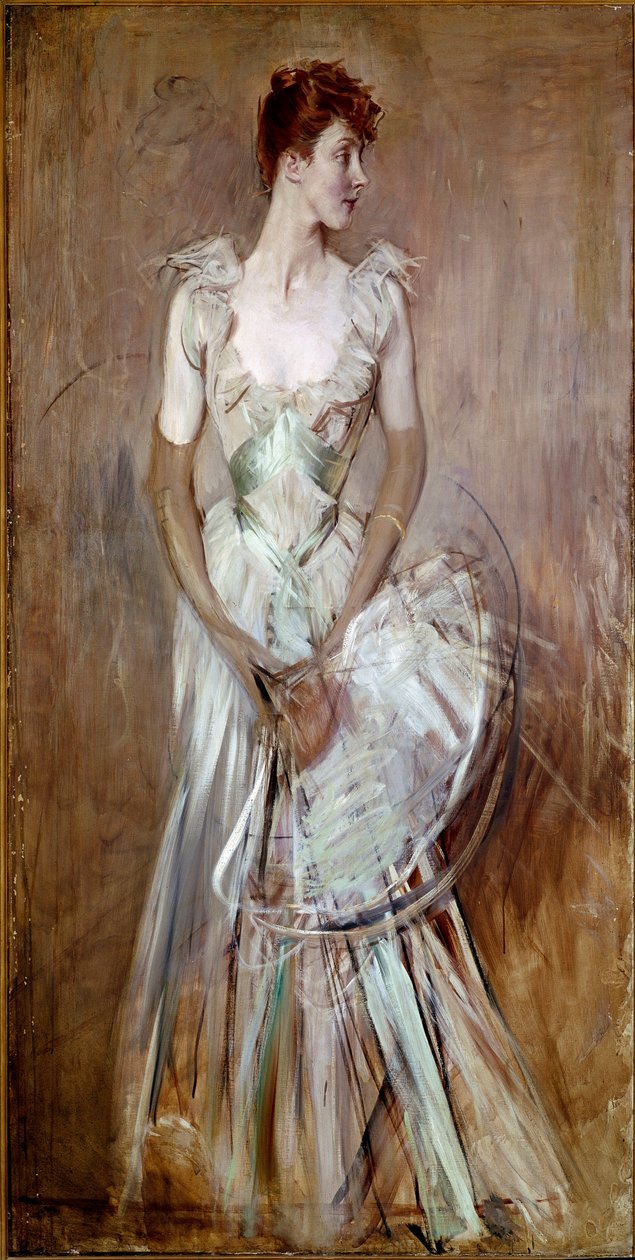 Vakker periode: "" Portrett av grevinnen av Leusse nee Berthier""" Kvinne i elegant hvit aftenkjole. Maleri av Giovanni Boldini (1842-1931) Søn. 200x105 cm Pistoia, Boldini Collection av Giovanni Boldini