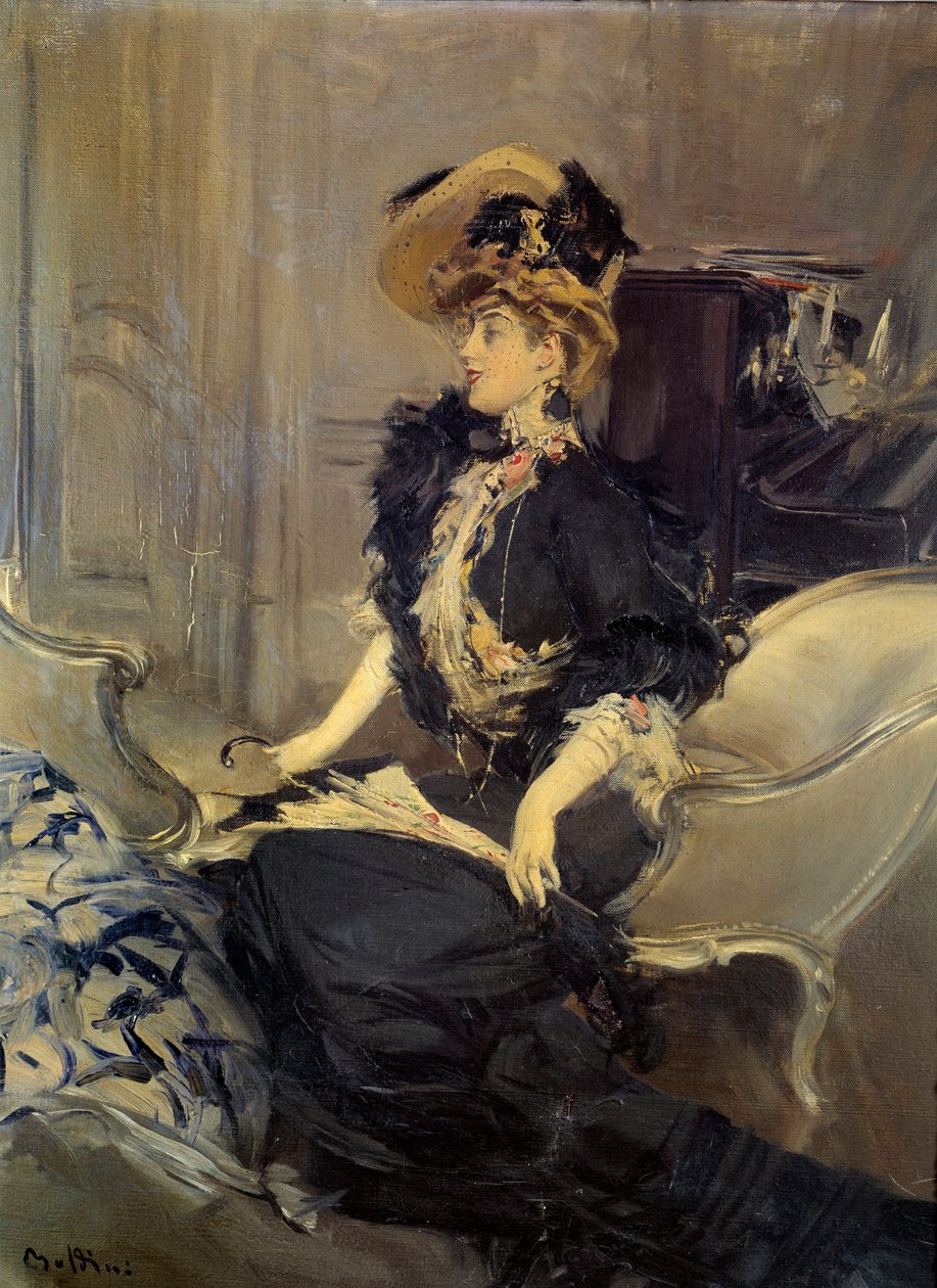 Belle Epoque: "" besøket""" Elegant ung kvinne i kveldskjole. Maleri av Giovanni Boldini av Giovanni Boldini