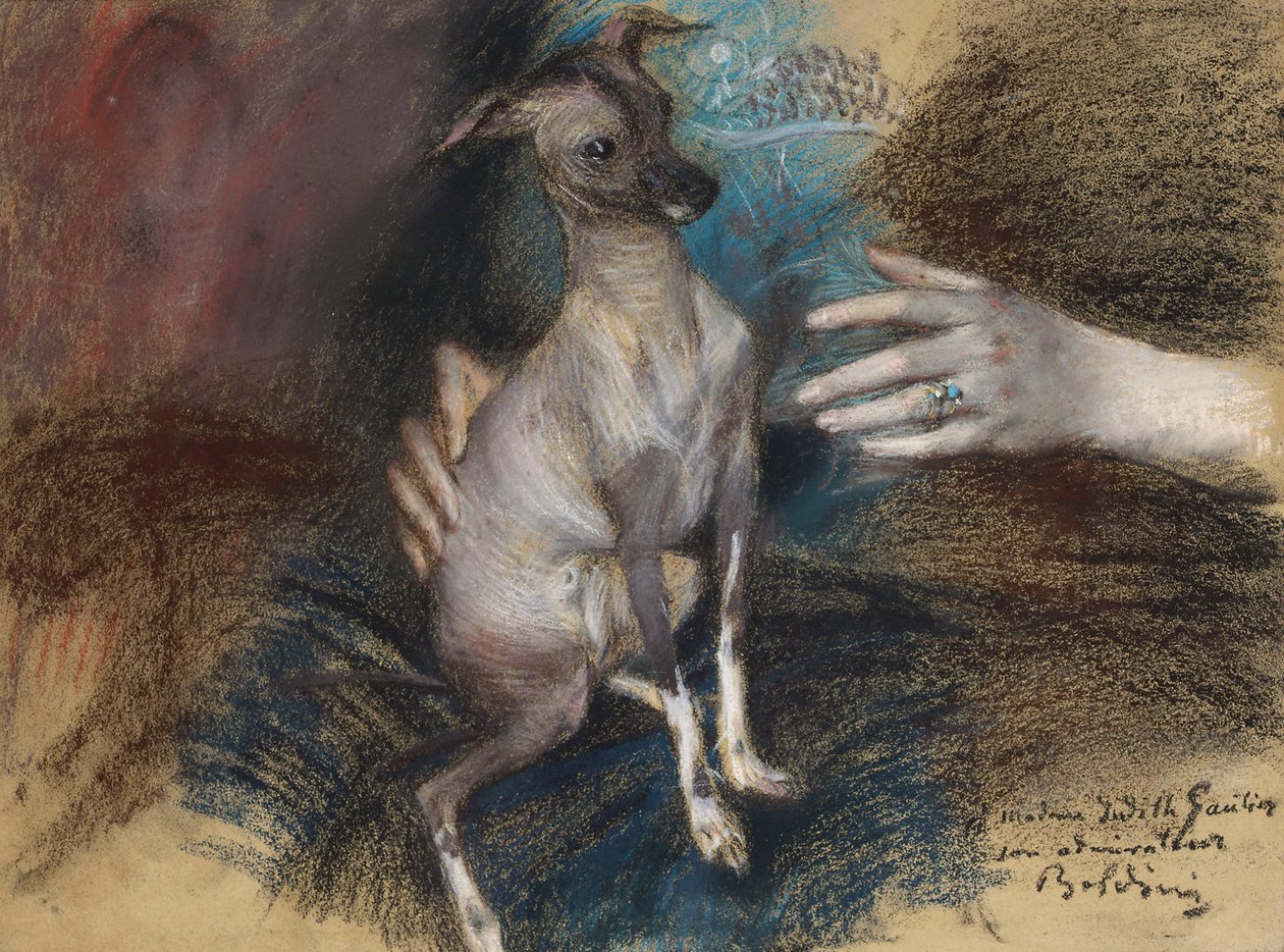 Elegant dame med hund (pastell og kull på papir) av Giovanni Boldini