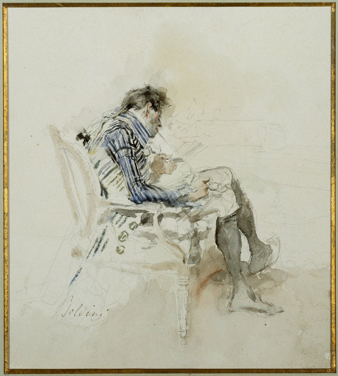 Gentleman sitter i en lenestol og leser en bok og røyker en pipe av Giovanni Boldini