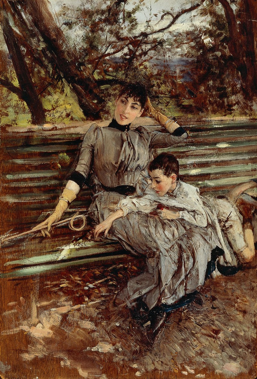 In Garden or Alaide og Ottavio Banti, ca 1884, av Giovanni Boldini (1842-1931), olje på panel, 34x24 cm av Giovanni Boldini
