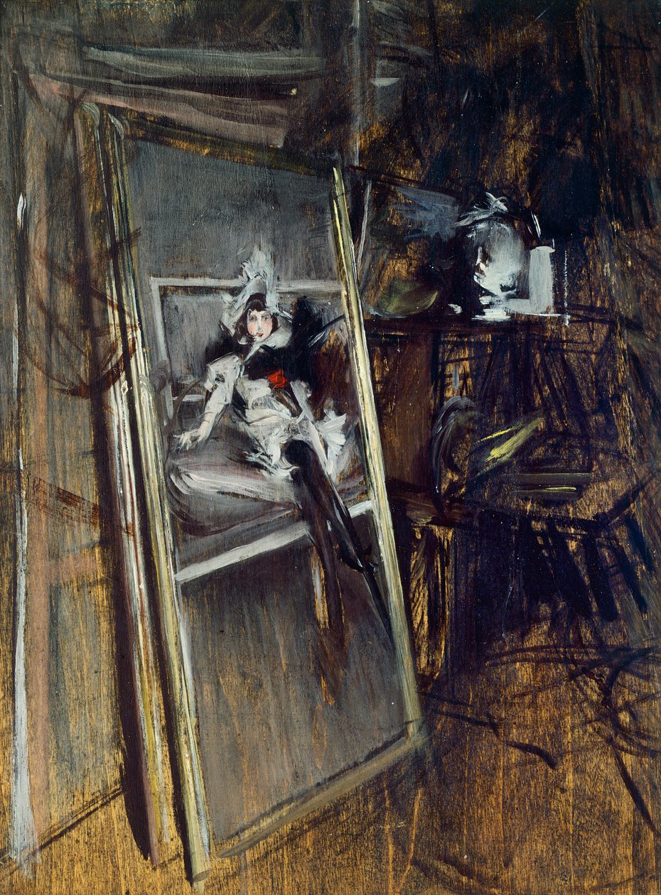 Inne i malerens atelier med maleri Young Girl, Errazuriz, av Giovanni Boldini (1842-1931) av Giovanni Boldini