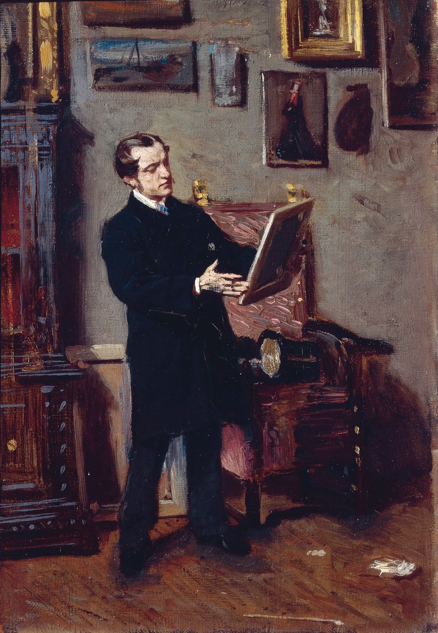 Italia, Firenze, ung mann ser på maleri av Giovanni Boldini