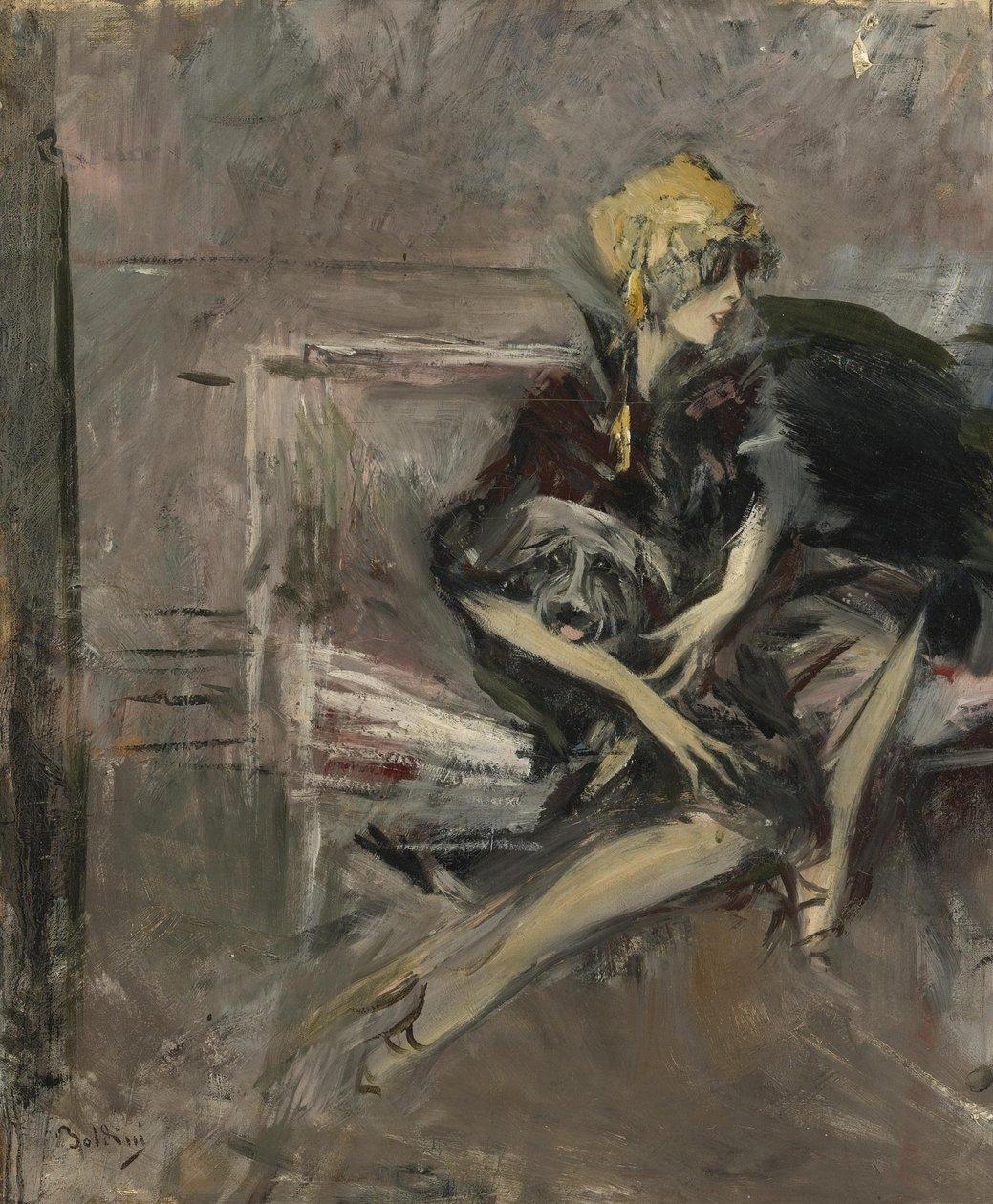 Dame i en gul hatt med hunden hennes Marchesa Casati av Giovanni Boldini