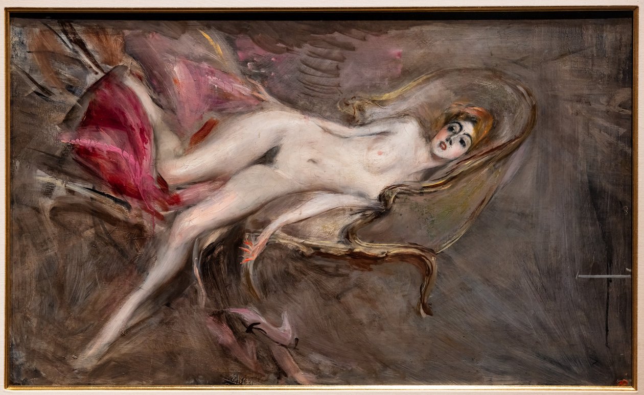 Naken kvinne på rosa puter av Giovanni Boldini