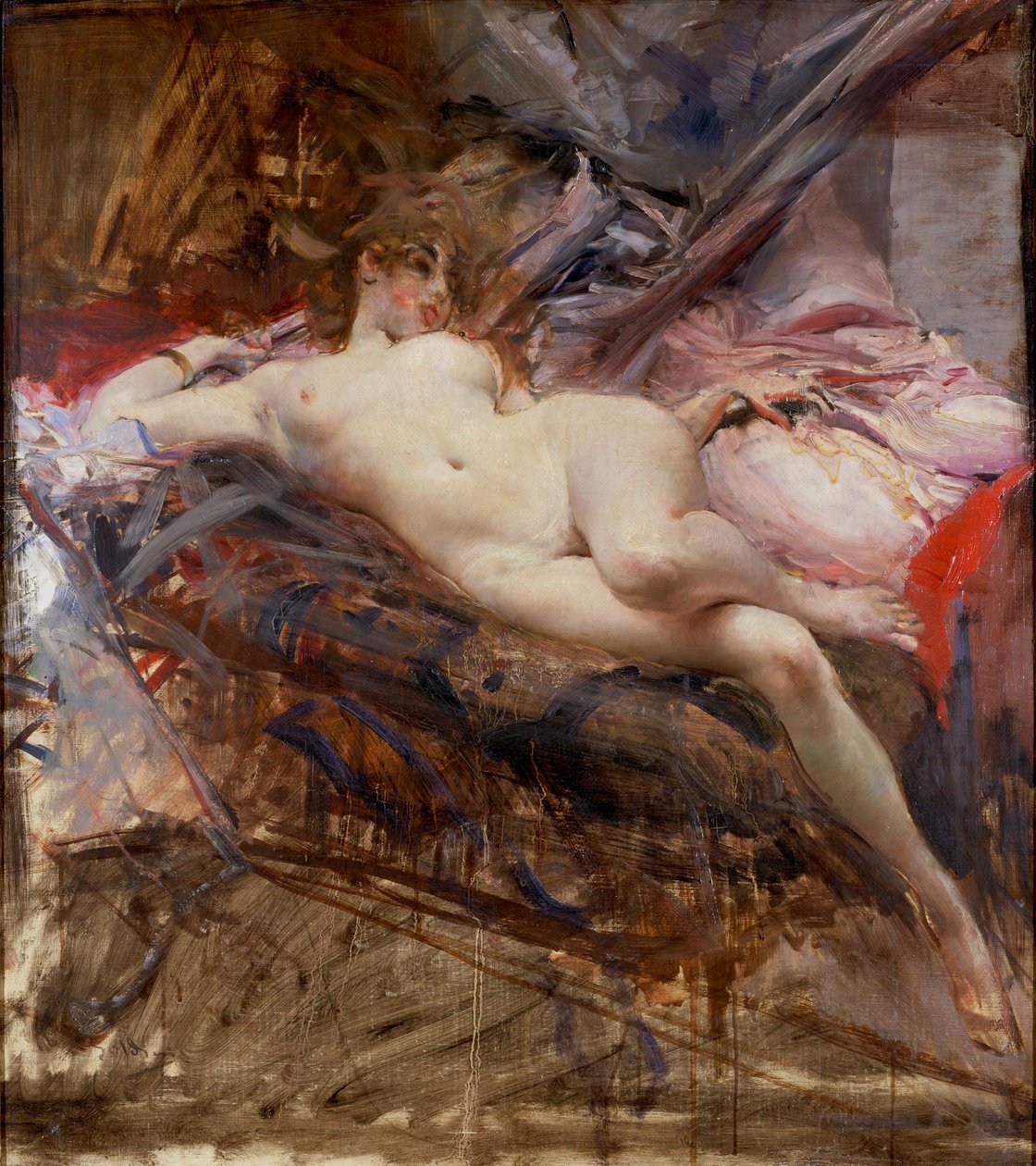 Utstrakt kvinnelig nakenbilde (maleri på lerret) av Giovanni Boldini