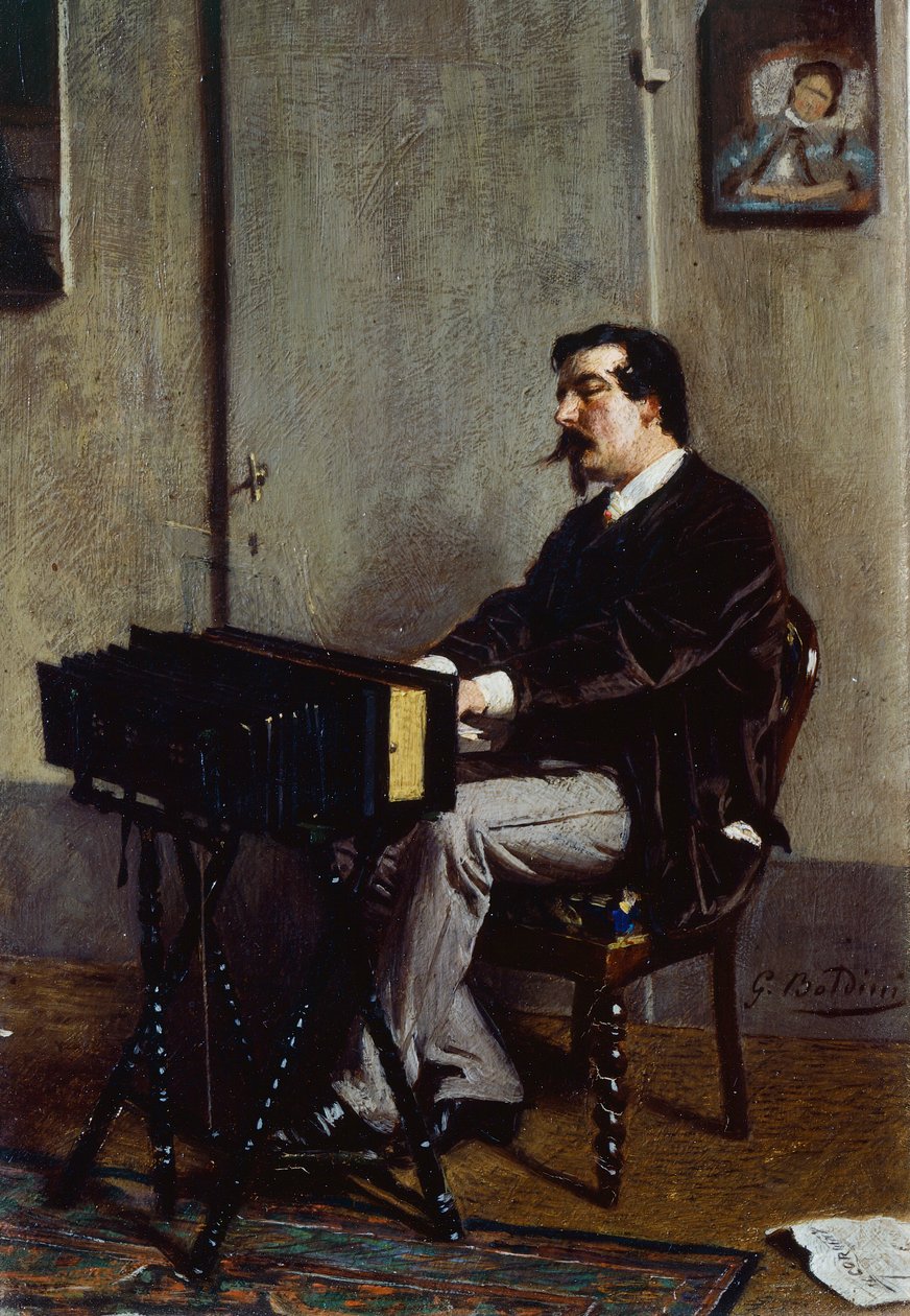 Maler Cristiano Banti ved harmonium av Giovanni Boldini (1842-1931), olje på lerret, 28x19 cm av Giovanni Boldini
