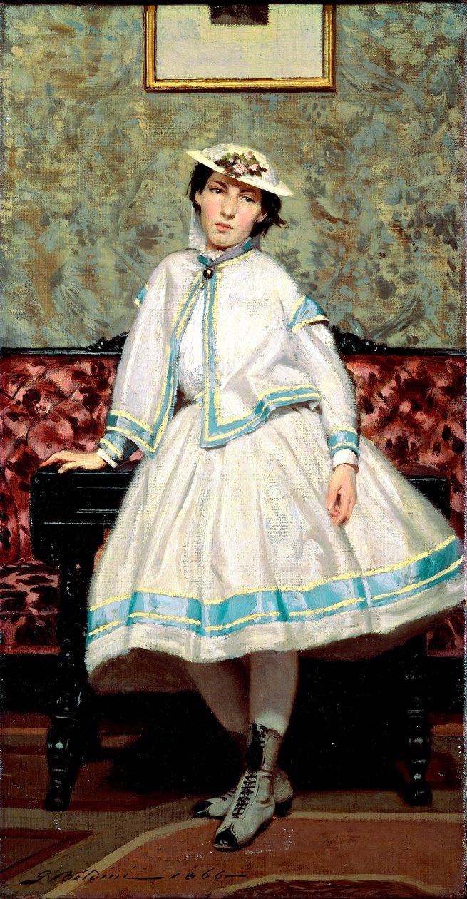 Portrett av Alade Banti i hvitt. Maleri av Giovanni Boldini (1842-1931) av Giovanni Boldini