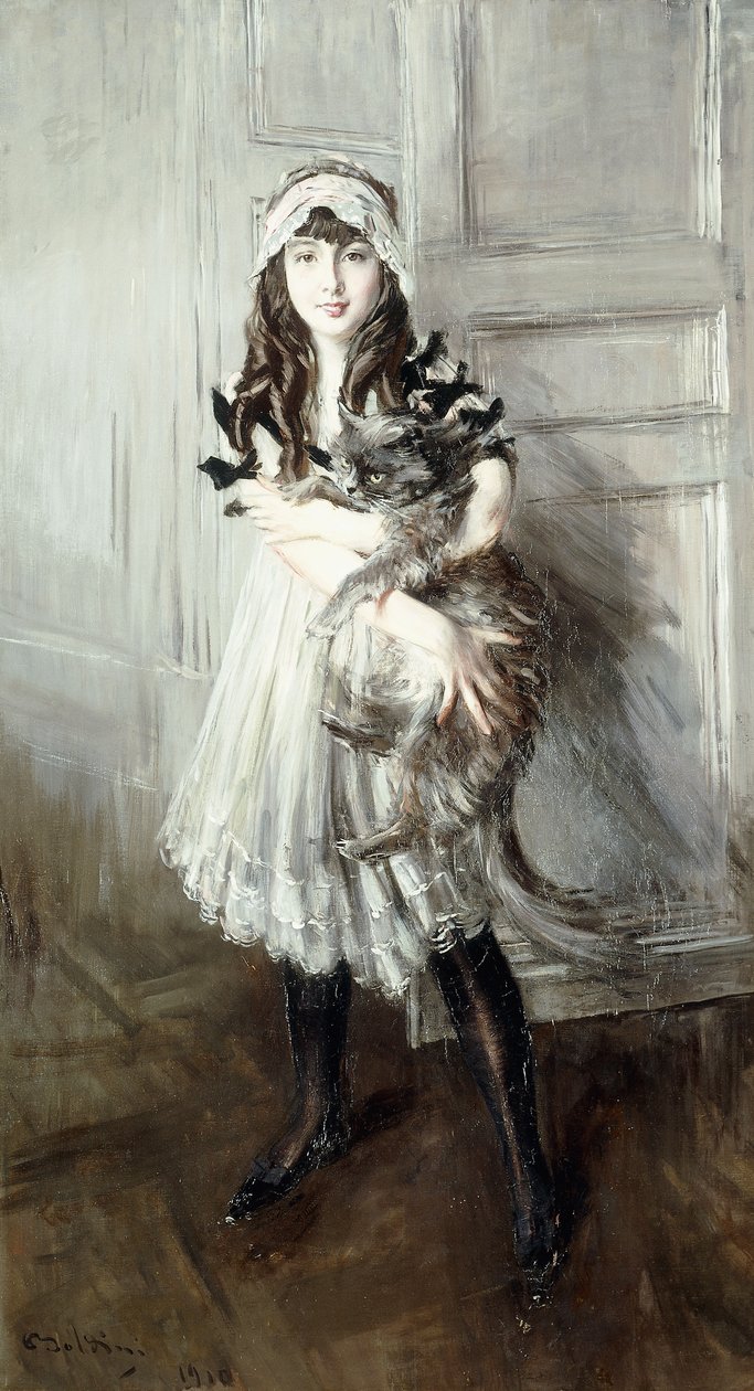 Portrett av Josefina Errazuriz som holder en katt, 1910 av Giovanni Boldini