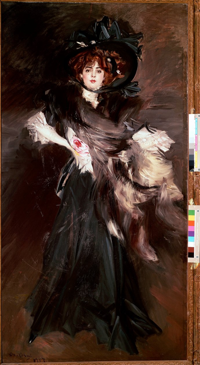 Portrett av Mademoiselle Lantelme Ung kvinne kler seg i svart mote Belle Epoque. Maleri av Giovanni Boldini (1842-1931) 1907 søn. 227x118 cm Roma, Nasjonalgalleriet for moderne kunst av Giovanni Boldini