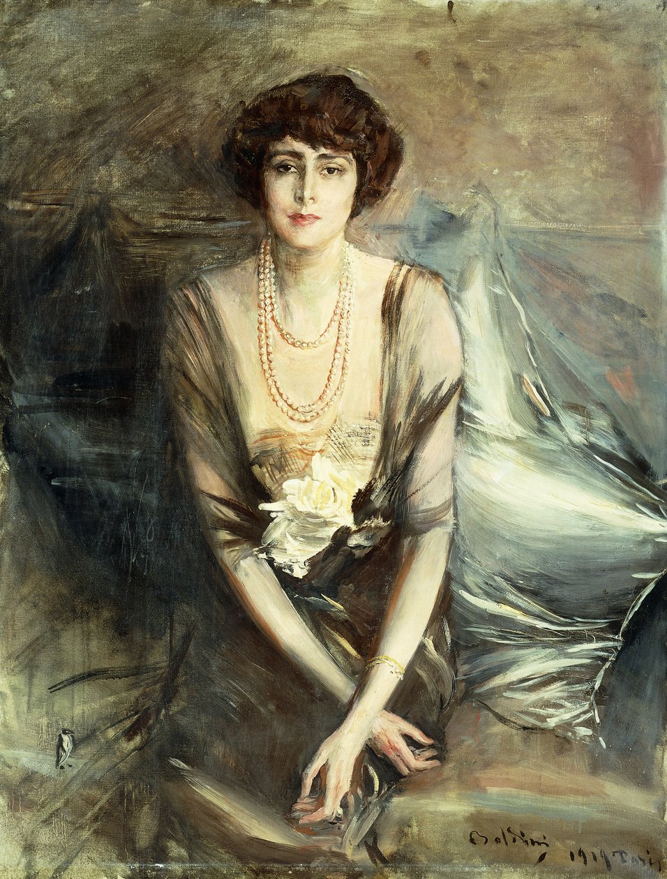 Portrett av fru George McFadden sittende, trekvart lengde, 1919 av Giovanni Boldini