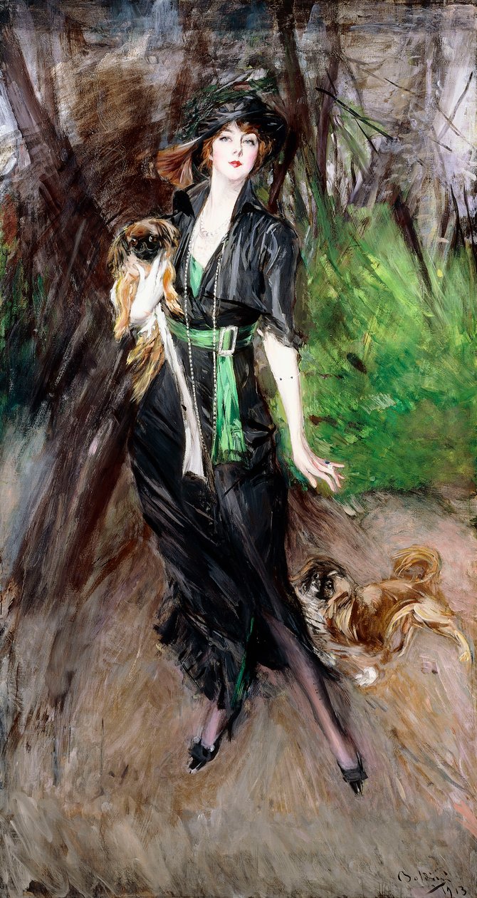 Portrett av en dame, Lina Bilitis, med to Pekineser, 1913 av Giovanni Boldini