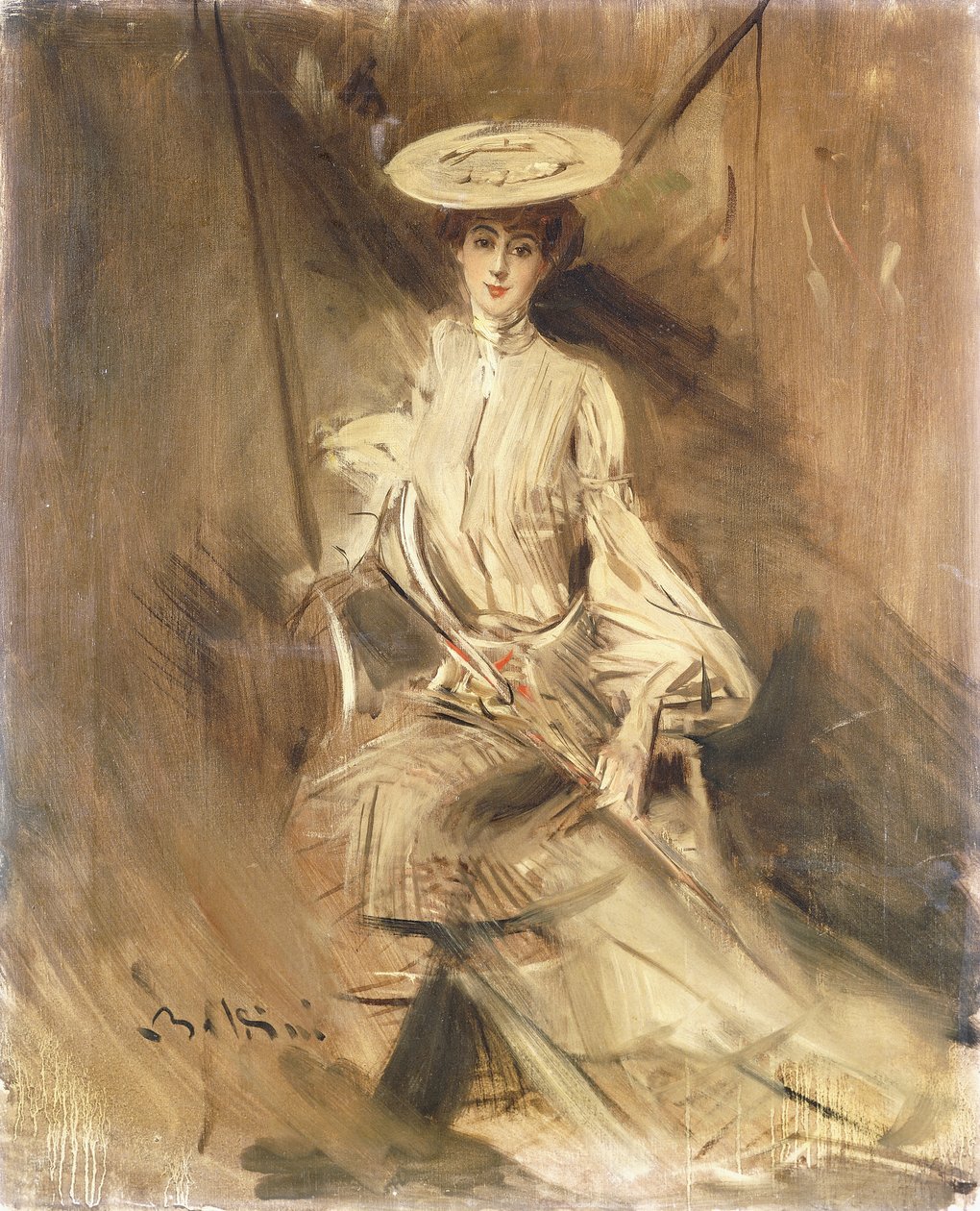 Portrett av en dame, sittende, med en parasoll, av Giovanni Boldini