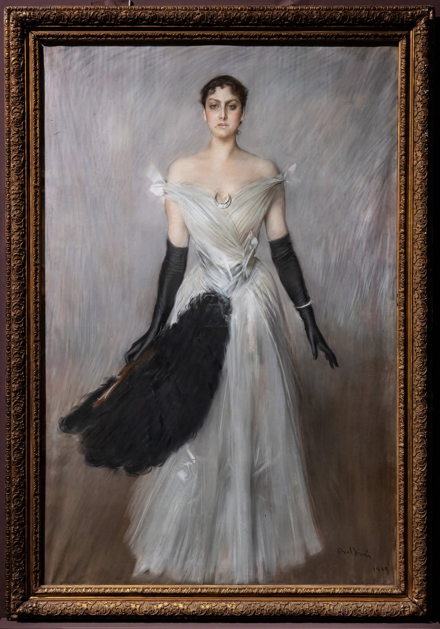 Portrett av en dame i hvitt med hansker og vifte av Giovanni Boldini