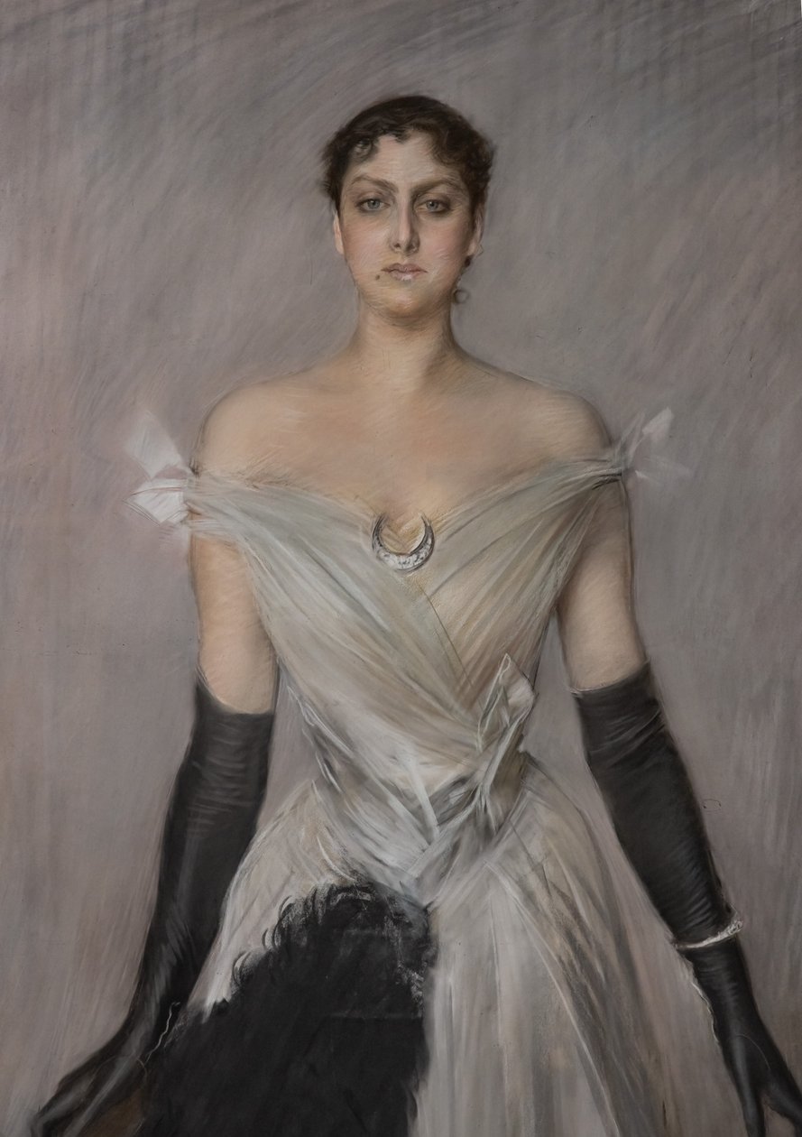 Portrett av en dame i hvitt med hansker og vifte, detalj av Giovanni Boldini