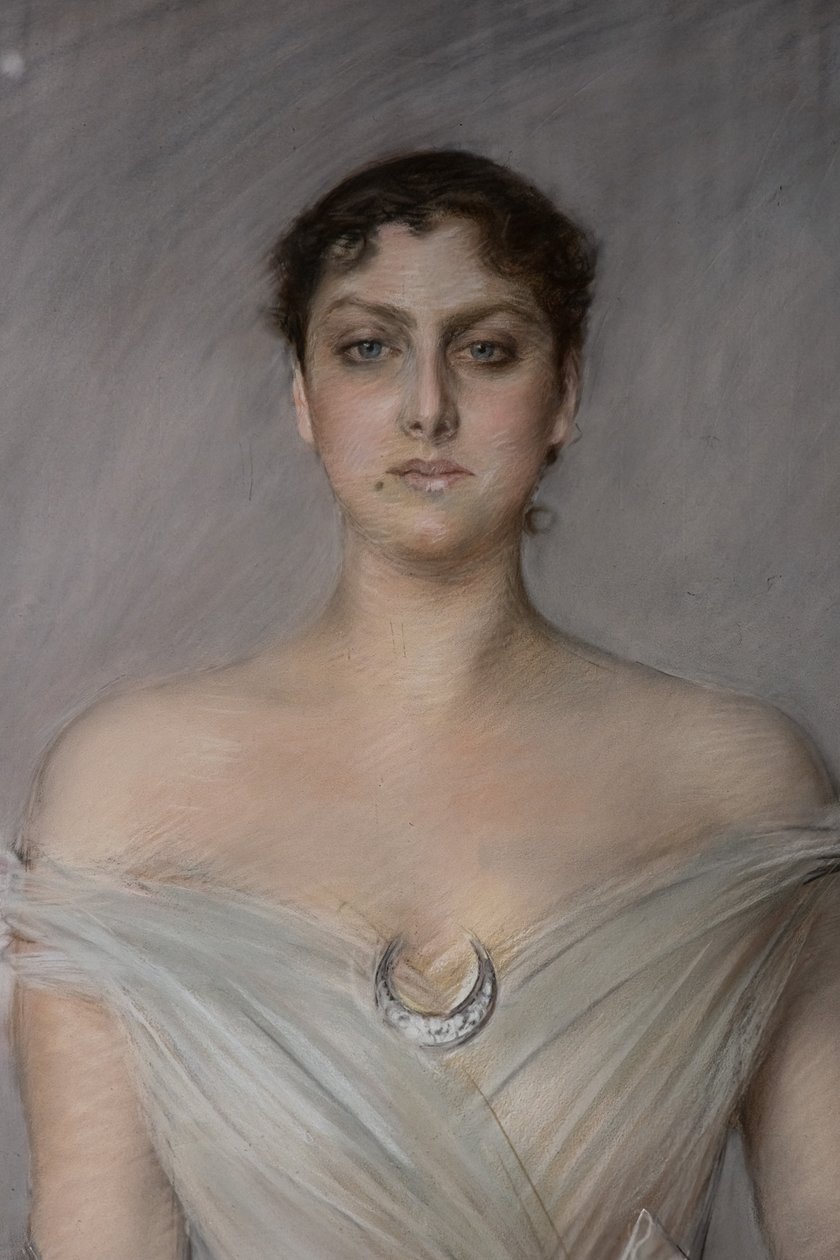 Portrett av en dame i hvitt med hansker og vifte, detalj av Giovanni Boldini