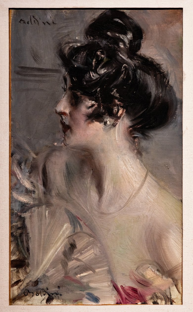 Profil av en ung brunette med håret i en bun av Giovanni Boldini