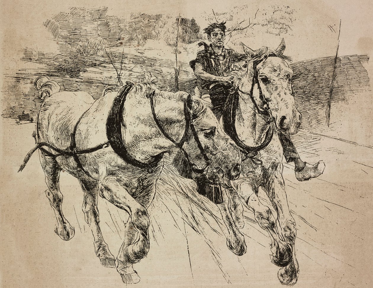 Forsterkende vognhester, gravering fra originaltegning av Giovanni Boldini, fra hans maleri, fra L'Illustrazione Italiana, nr. 2, 9. januar av Giovanni Boldini