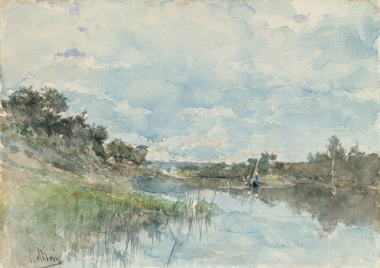 Elvelandskap med en fiskebåt (akvarell) av Giovanni Boldini