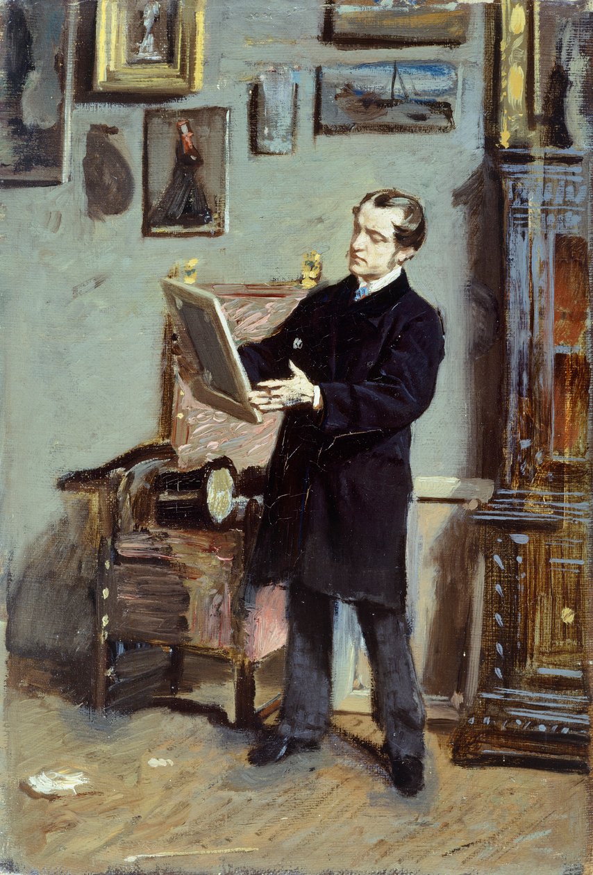 Selvportrett av Giovanni Boldini ser på et bilde, ca 1865, av Giovanni Boldini (1842-1931), olje på lerret, 32x22,5 cm. av Giovanni Boldini