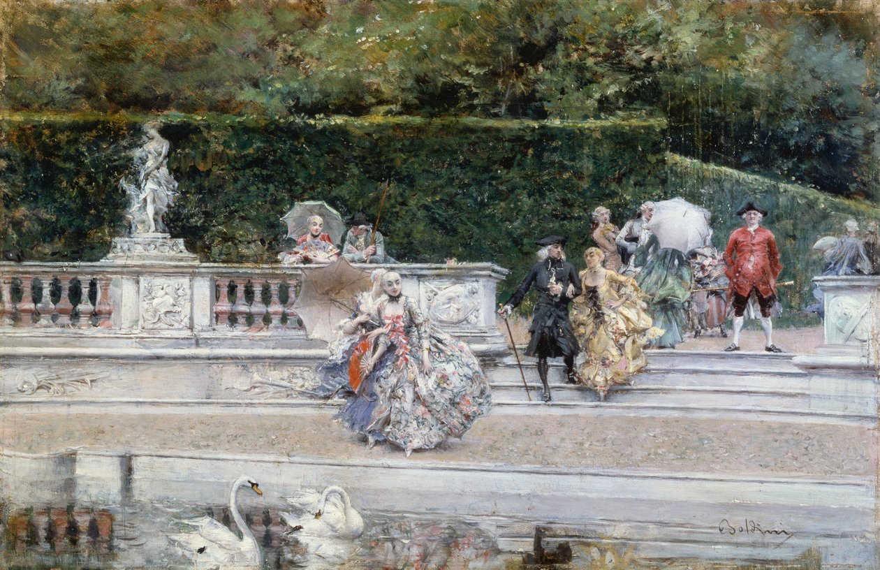 Utsikt over Versailles hage med folk kledd i klær fra det attende århundre, av Giovanni Boldini (1842-1931), olje på panel av Giovanni Boldini