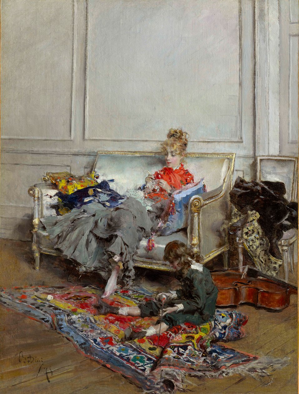 Ung kvinne som hekler av Giovanni Boldini
