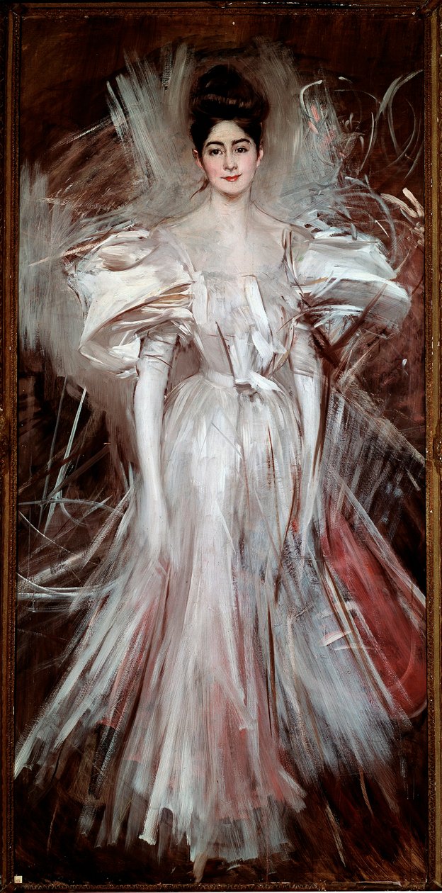 Ung kvinne gjennomvåt i hvit sateng (Fyrverkeri) Maleri av Giovanni Boldini (1842-1931) 1892 Dim. 200x101 cm Pistoia, Boldini samling av Giovanni Boldini