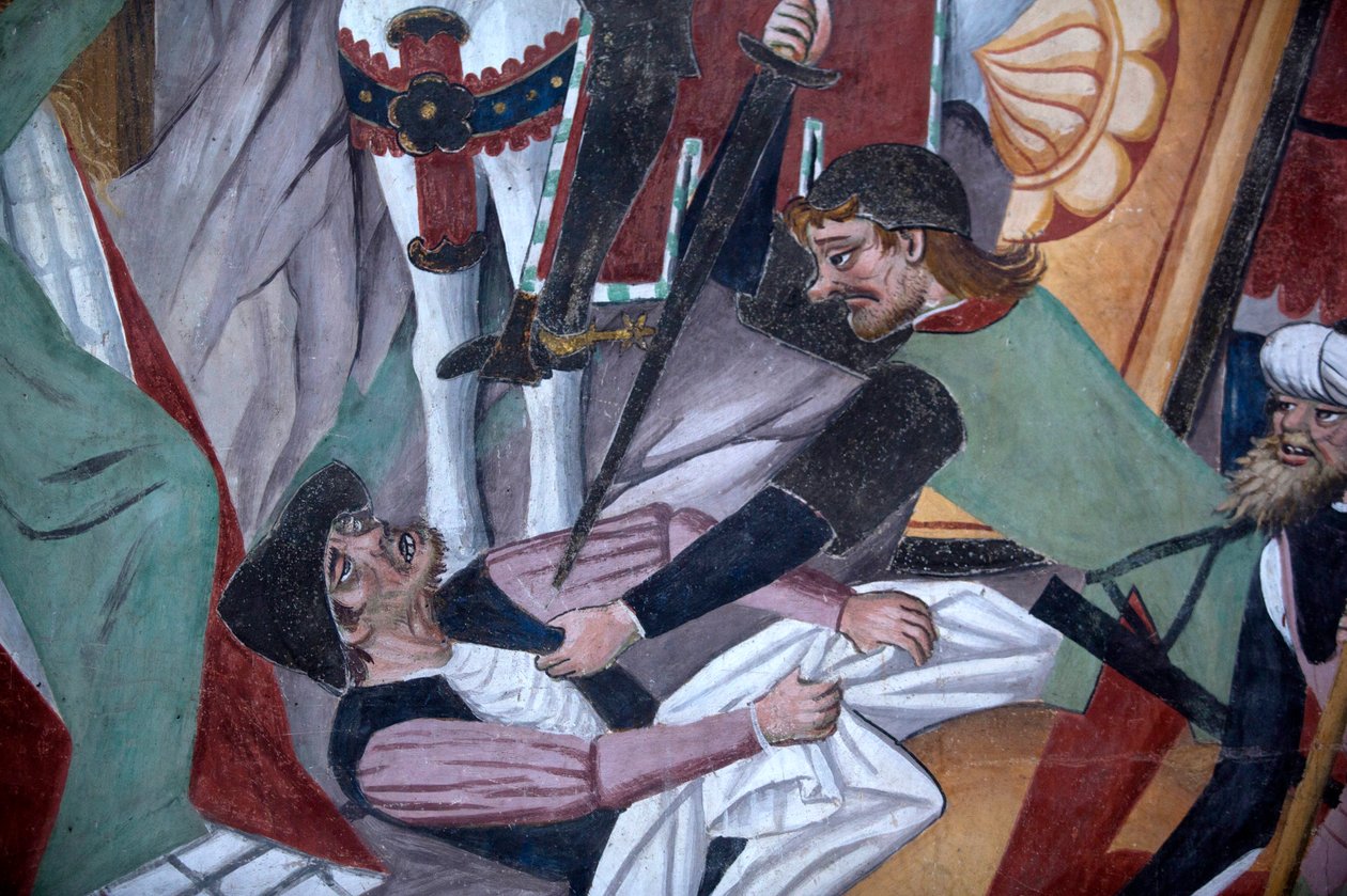 Lidenskapens syklus: korsfestelsen, detalj (fresco) av Giovanni Canavesio