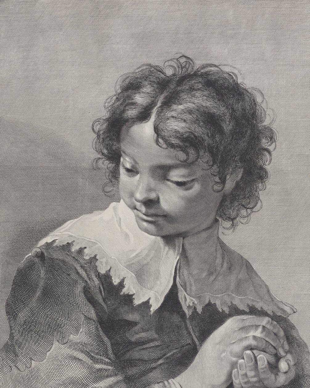 Gutt med blondekrage som holder et stykke frukt i hendene, 1743. av Giovanni Cattini