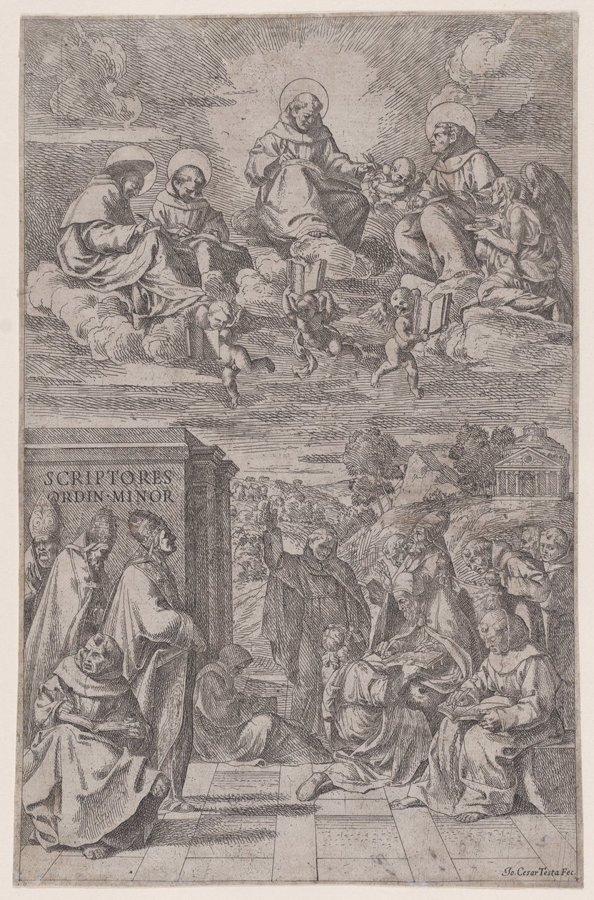 Ecclesiastics in a landscape writing, other in the heavenly realm above, c1650. av Giovanni Cesare Testa