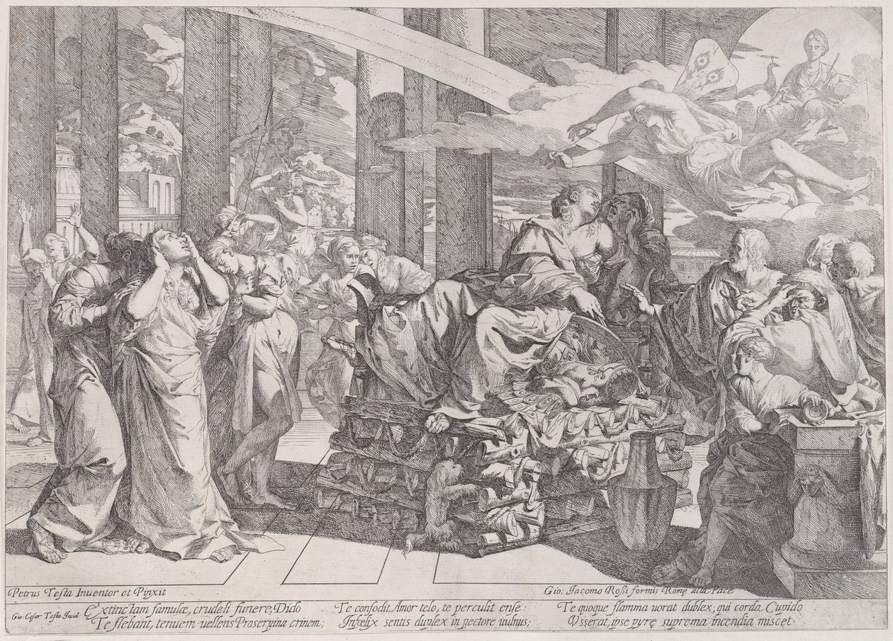 Selvmordet til Dido som hviler på et bål i sentrum, omgitt av mange skikkelser, 1650-55. av Giovanni Cesare Testa