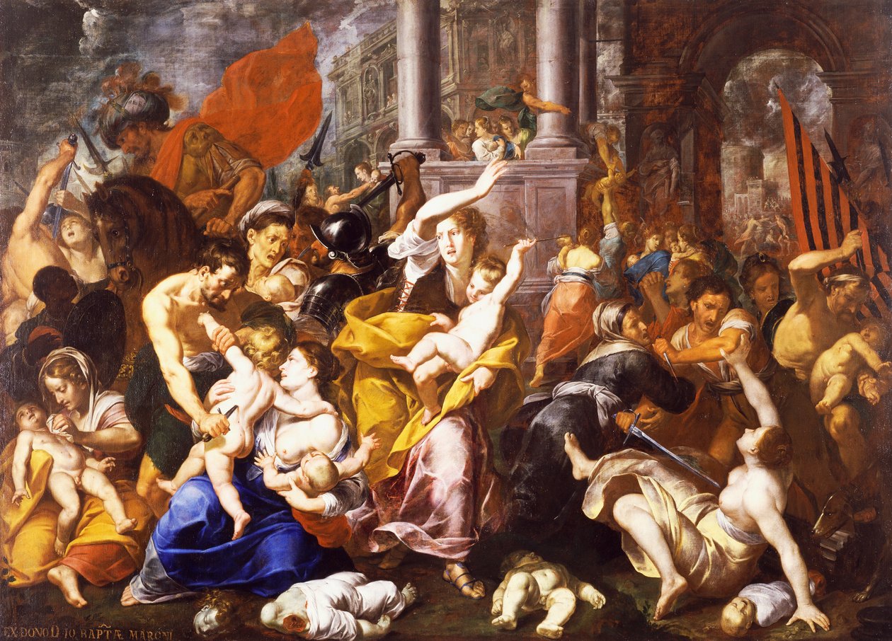 The Massacre of the Innocents, av Johann Christoph Storer (1611-1671), olje på lerret, 300x420 cm, Church of St Eustorgio, Milano, Italia. av Giovanni Cristoforo Storer