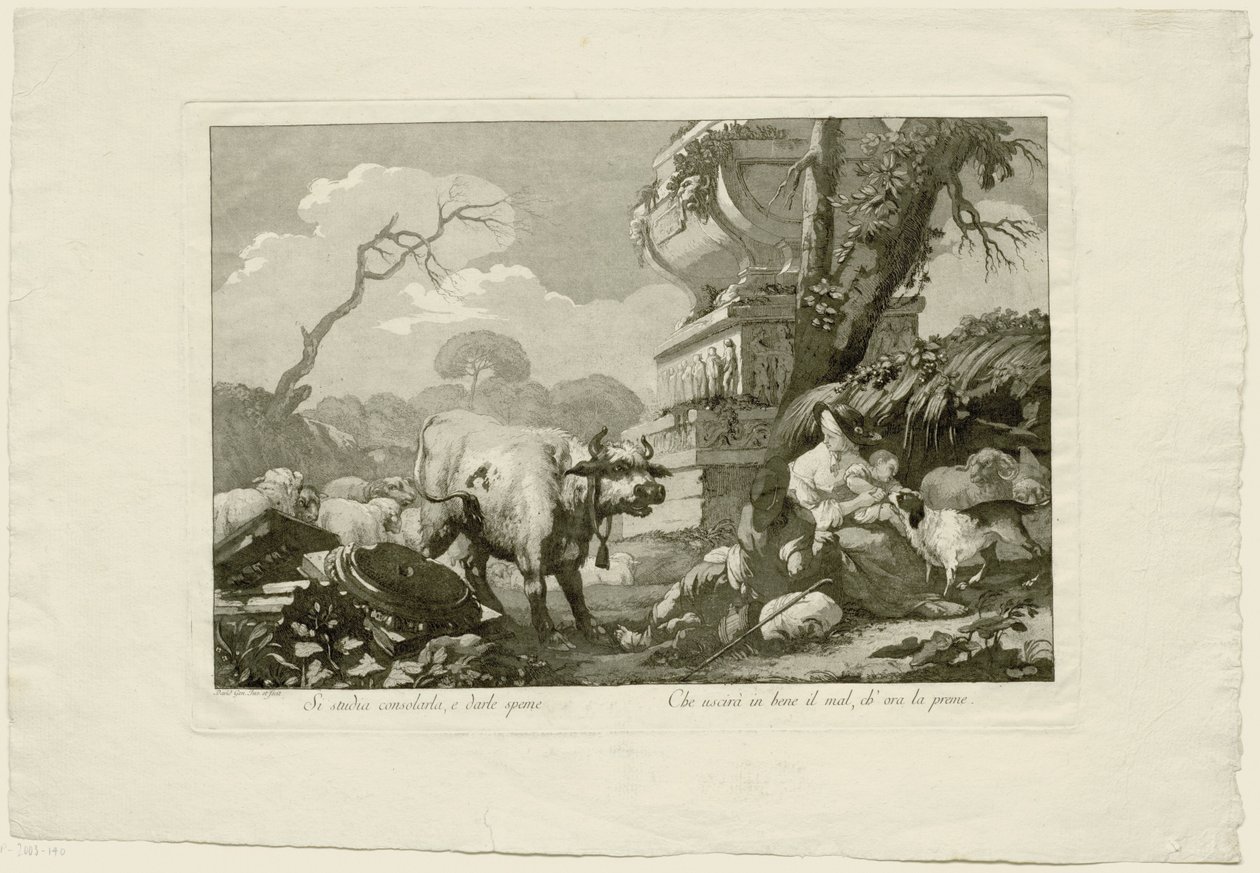 Hyrdefamilie med storfe ved antikk grav av Giovanni David