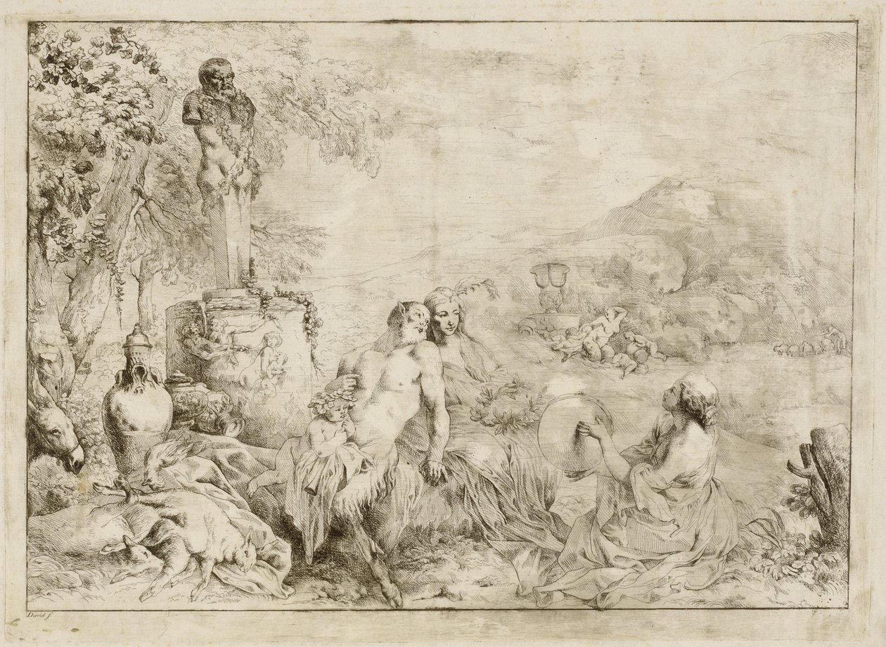 Landskap med en Satyr-familie og klassisk skulptur av Giovanni David after Giovanni Benedetto Castiglione