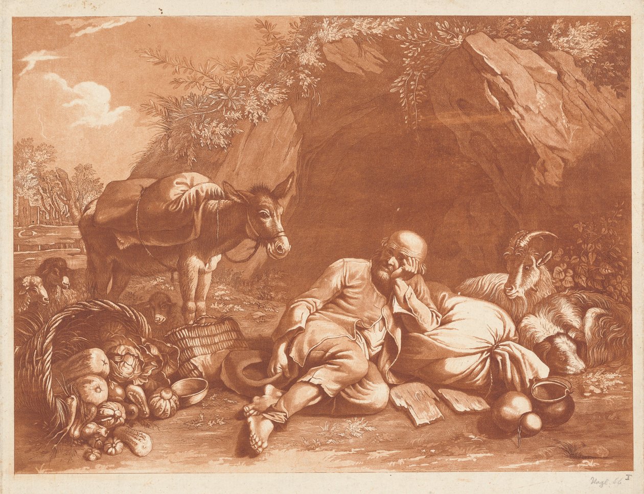 En gammel mann lener seg på en sekk av Giovanni De Pian after Francesco Londonio
