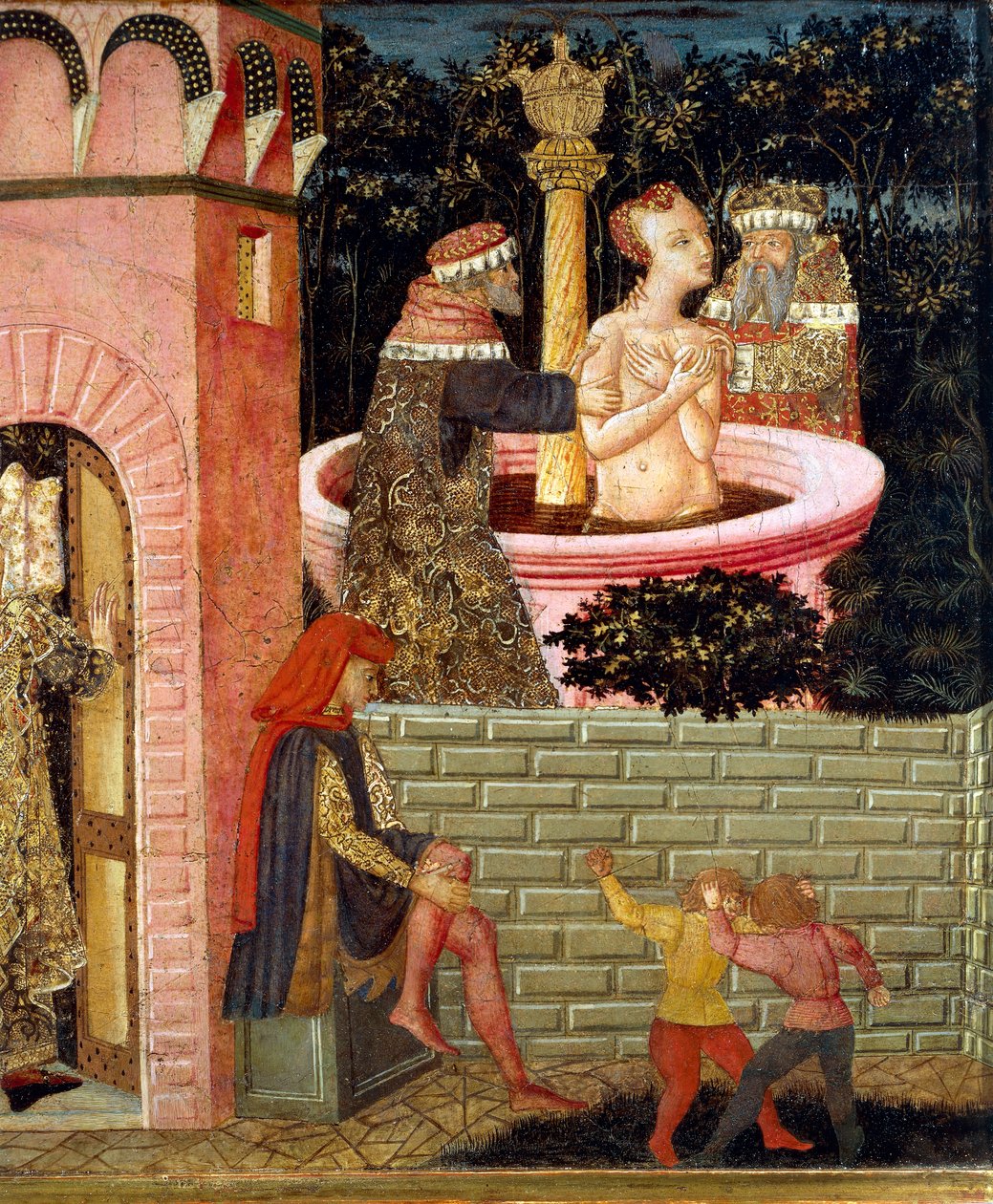Historier om Susanne, rundt 1450, frontpanel av malt kiste, av Giovanni di Ser Giovanni, kjent som Lo Scheggia (1406-1486), tempera på tredetaljer av Giovanni Di Ser Giovanni Lo Scheggia Guidi