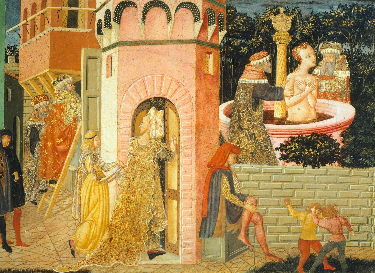 Historier om Susanne, rundt 1450, høyre side av malt bryst av Giovanni di Ser Giovanni, kjent som Lo Scheggia (1406-1486), tempera på panel, detalj av Giovanni Di Ser Giovanni Lo Scheggia Guidi