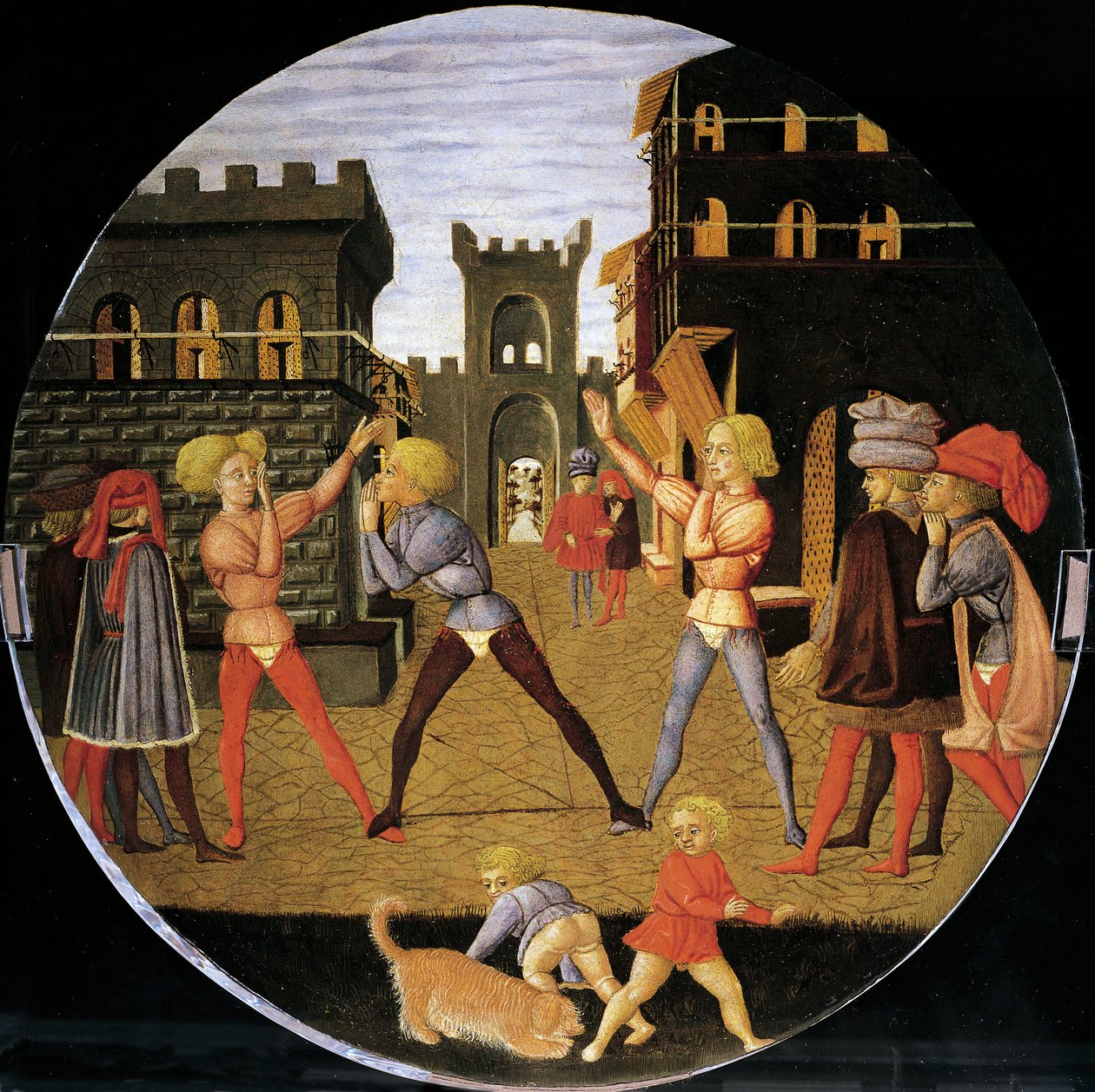 spill kalt civettino, detalj fra forsiden av fødselsbrettet (rundt maleri), rundt 1450, av Giovanni di Ser Giovanni, kjent som Lo Scheggia (1406-1486), tempera på tre av Giovanni Di Ser Giovanni Lo Scheggia Guidi