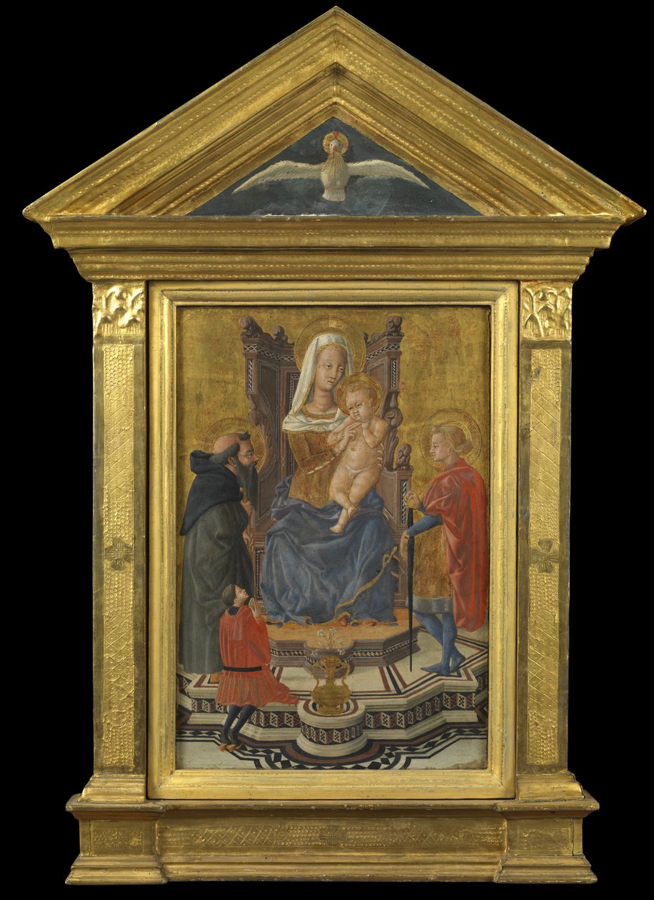 Jomfru og barn på tronen, med de hellige Anthony Abbot og Julian og en giver (pediment over - Den hellige ånd), ca. 1430 (tempera på panel) av Giovanni Di Ser Giovanni Lo Sheggia (attr. to) Guidi
