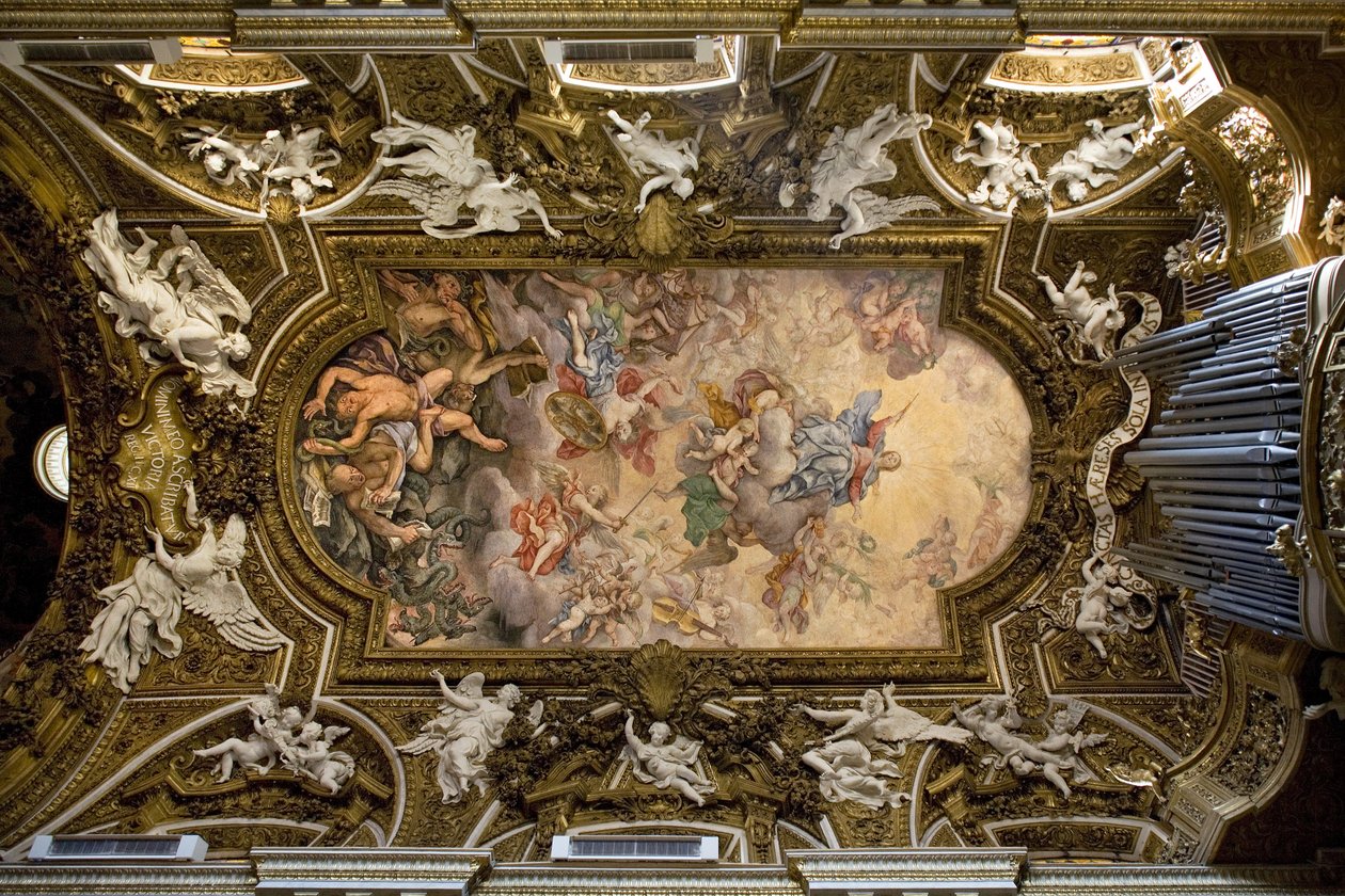 Hvelv av kirken Santa Maria della Vittoria i Roma, freskomaleri som skildrer Jomfru Marias seier over kjetteri, opprørsenglenes fall, utført i 1675 av Giovanni Domenico Cerrini (1609-1681), Bygging av 1600-tallet, italiensk re av Giovanni Domenico Cerrini