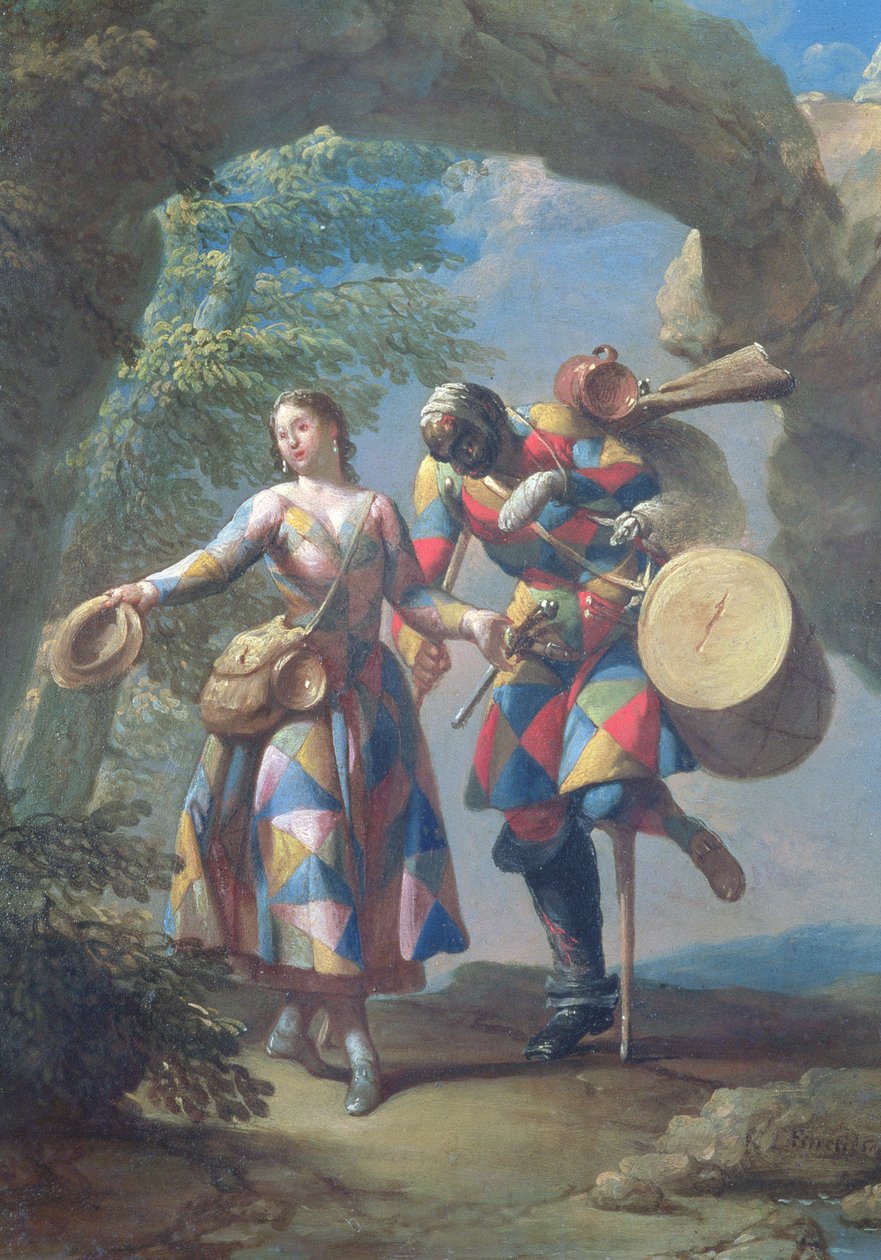 En harlekin på vei tilbake fra krigen, ca. 1742 av Giovanni Domenico Ferretti