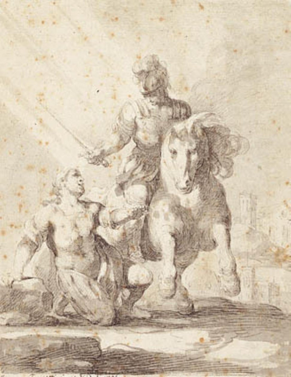 Soldat i antikke klær svinger et sverd over en knelende soldat av Giovanni Domenico Ferretti