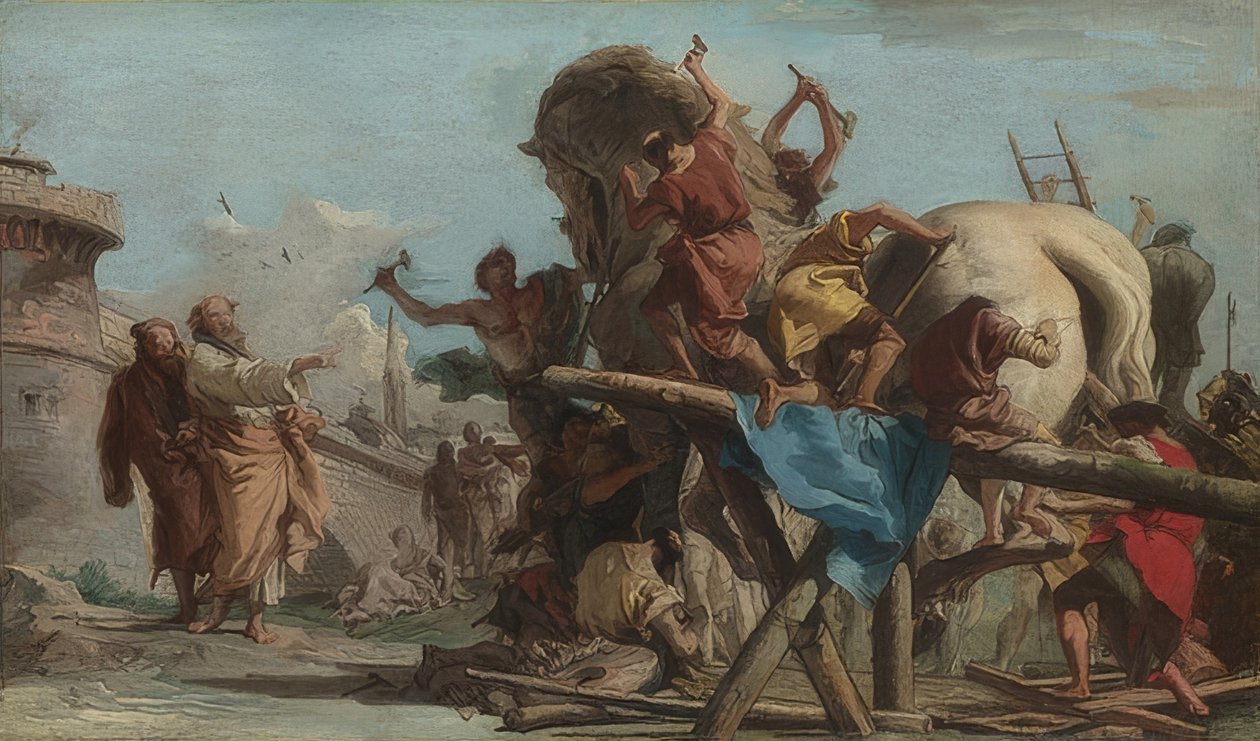 Konstruksjon av den trojanske hesten. Rundt 1760 av Giovanni Domenico Tiepolo
