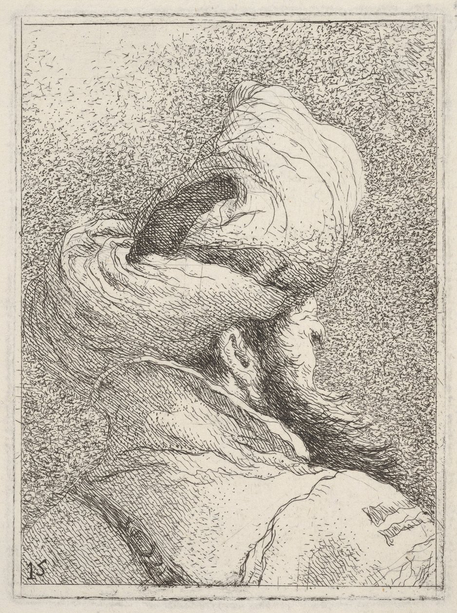 Skjeggete mann med turban, avbildet som byste bakfra i trekvart profil, fra «Samling av hoder» (Raccolta di teste) av Giovanni Domenico Tiepolo