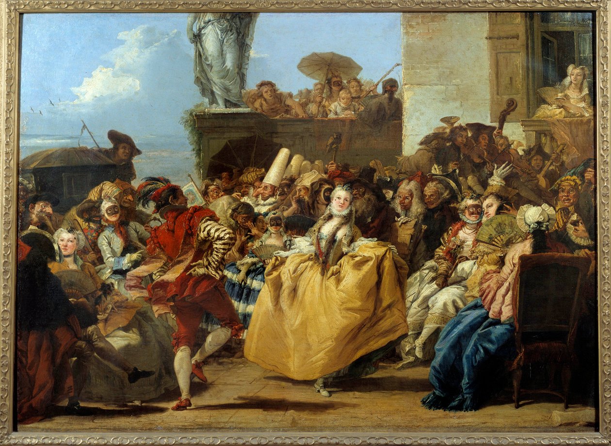 Karnevalsscene eller "" the Menuet"" Dansescenemaske på 1700-tallet. Maleri av Gian Domenico Tiepolo (1727-1804) Søn. 1,12x0,8 m. av Giovanni Domenico Tiepolo