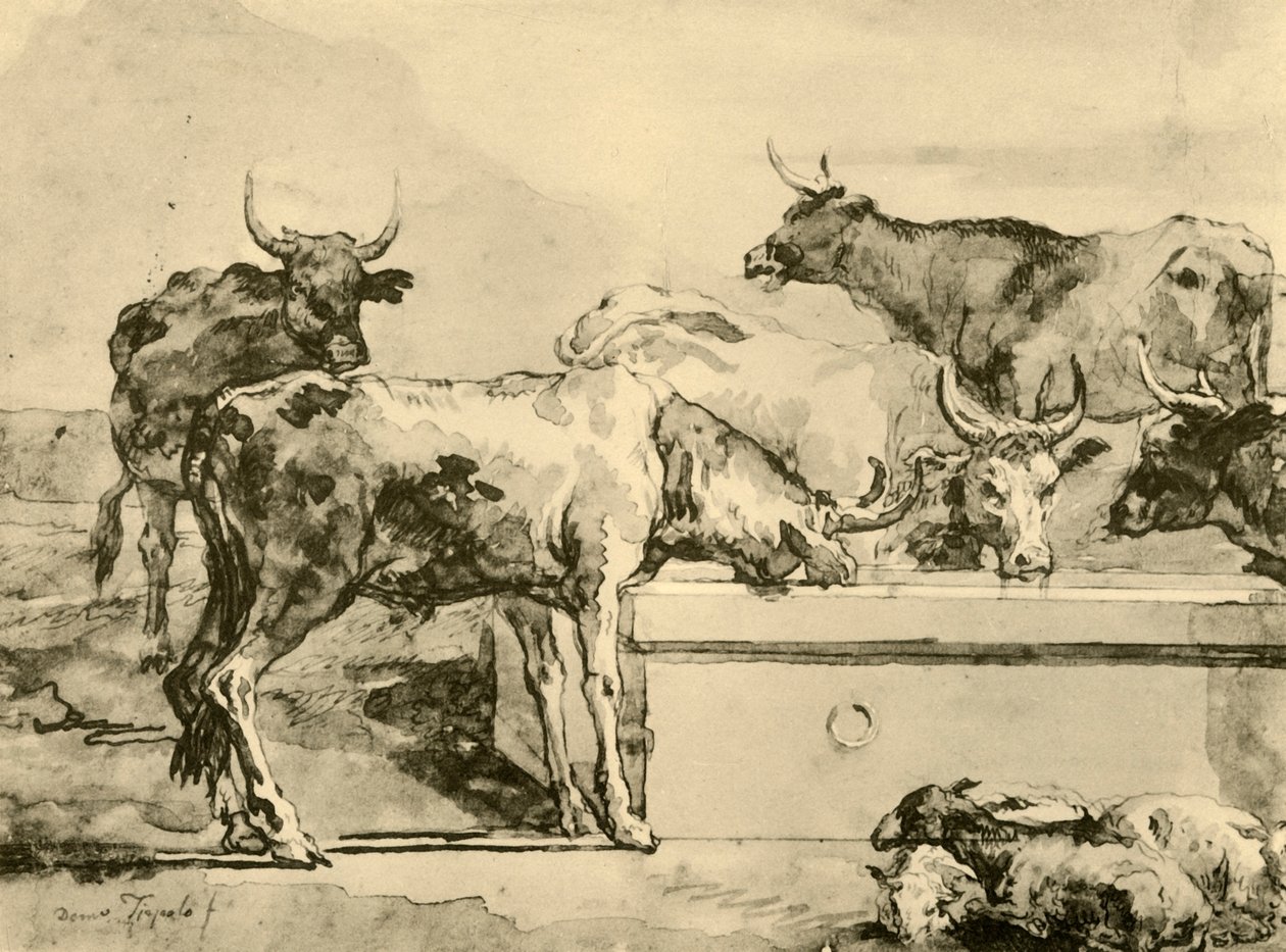 Kyr som vanner, midten av slutten av 1700-tallet, 1928 av Giovanni Domenico Tiepolo