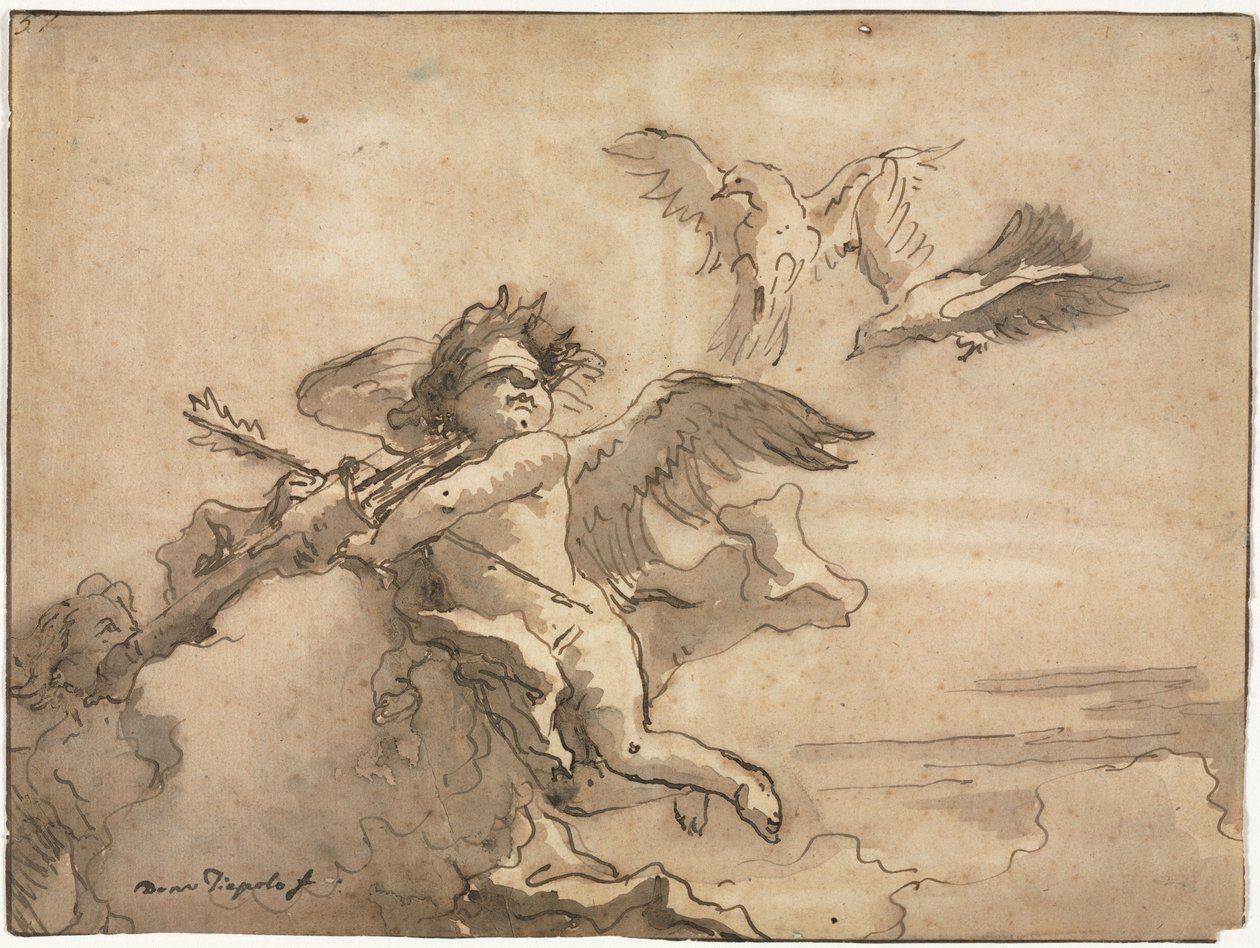 Amor med bind for øynene og to duer, 1757 eller senere. av Giovanni Domenico Tiepolo